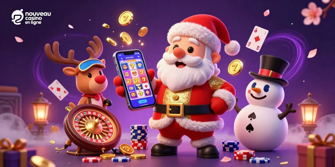 Illustration festive représentant un Santa Claus dans un casino, avec le smartphone jackpot en vedette pour nouveau casino en ligne.