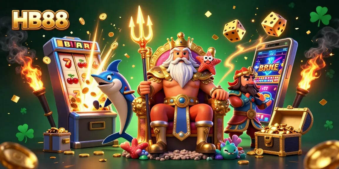 Experience thrilling wins at HB88 with Neptune and gaming treasures bursting from a slot machine.