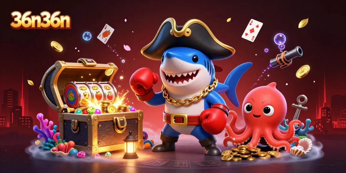 Engage with 36n36n's exciting adventure featuring a dynamic pirate shark and playful characters in a vibrant underwater casino scene.