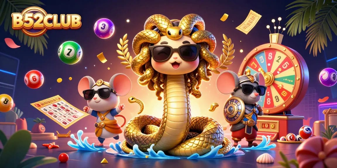 B52CLUB unleashes excitement with a vibrant 3D casino scene featuring lottery balls, a Medusa, and a warrior mouse.
