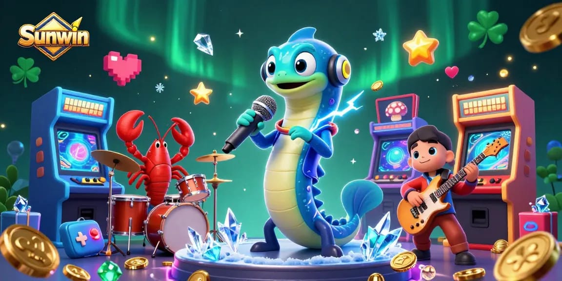 Sunwin showcases a vibrant underwater casino scene with a DJ electric eel and backup band, creating excitement and gaming fun.