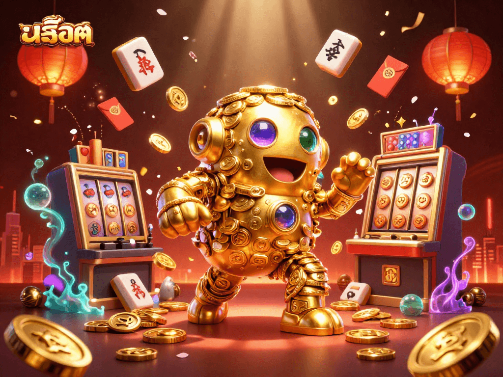 Engage in สล็อต gaming with a vibrant scene of a golden golem, lucky symbols, and festive decorations.