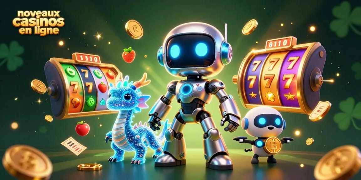 Des jeux passionnants dans les nouveaux casinos en ligne se déroulent avec un robot et un dragon holographique.