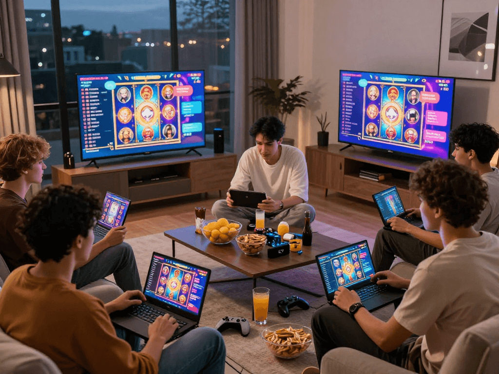 Engaging gaming scene showcasing players enjoying gacor online slot games with vibrant graphics and cozy atmosphere.