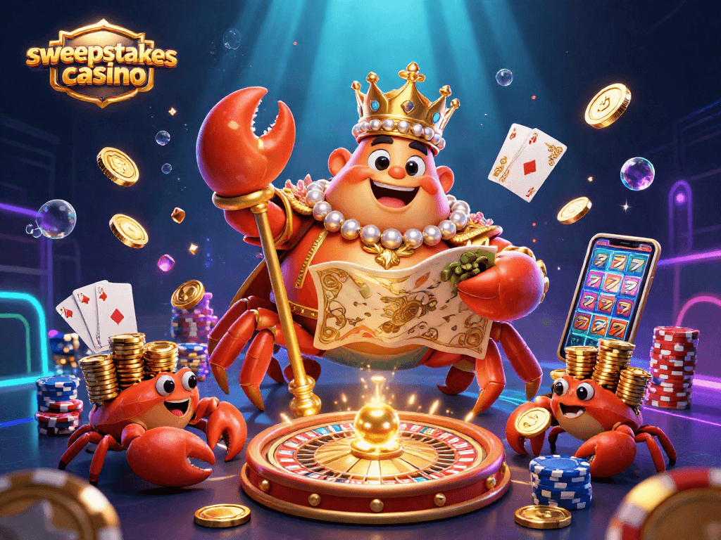 Sweepstakes casino scene with a giant golden crab emperor and dynamic gambling elements, showcasing a vibrant atmosphere.