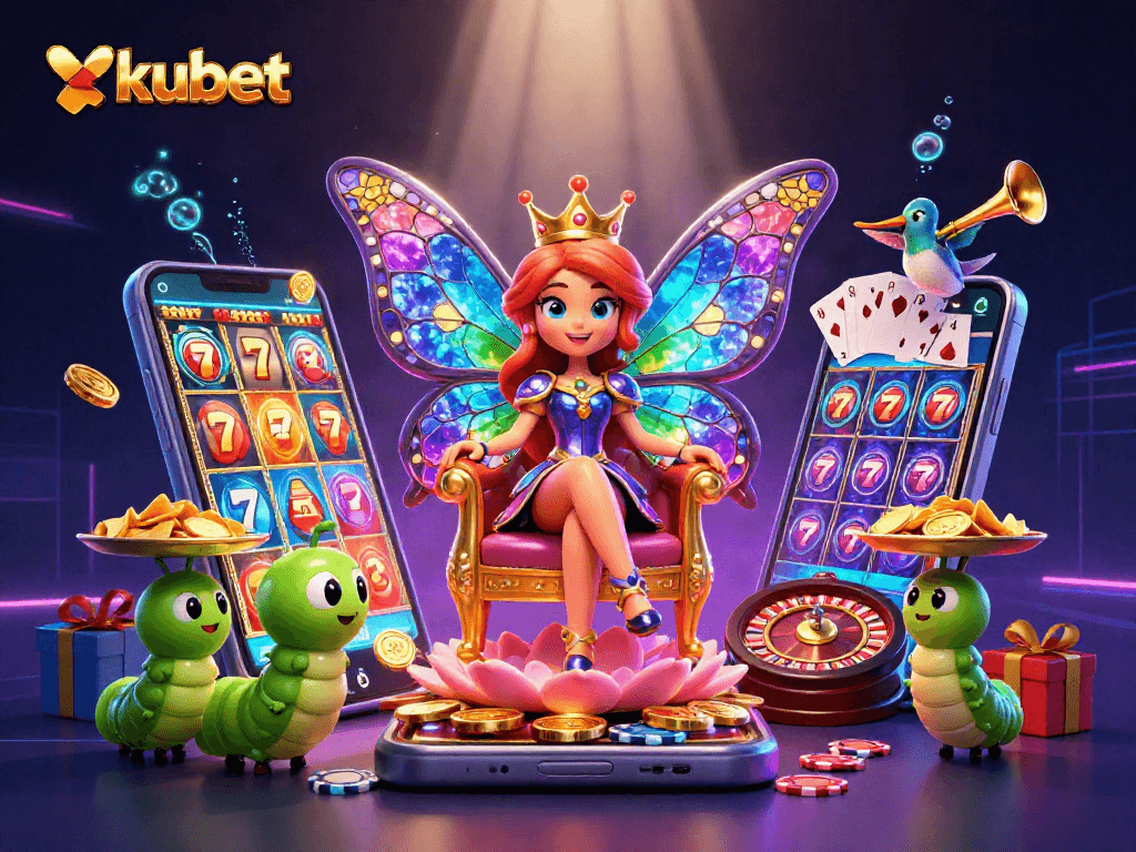 Experience thrilling kubet slots with a vibrant scene of a butterfly queen and colorful game elements.