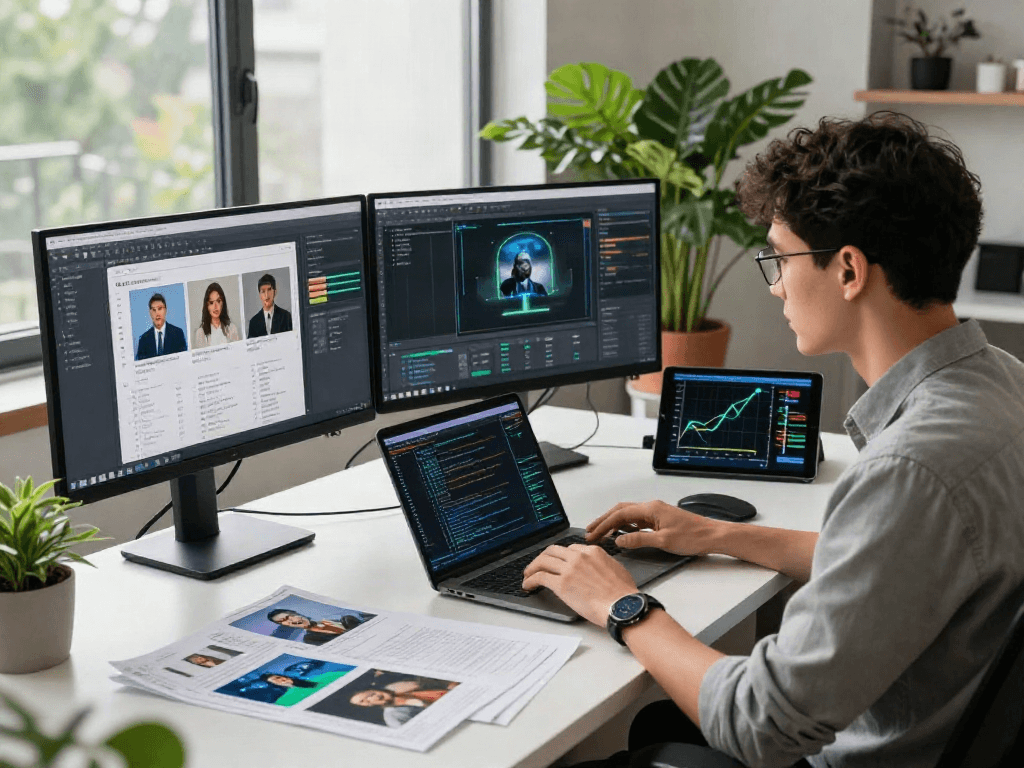 AI Image Detector interface on dual monitors in a modern digital workspace, highlighting image analysis metrics.