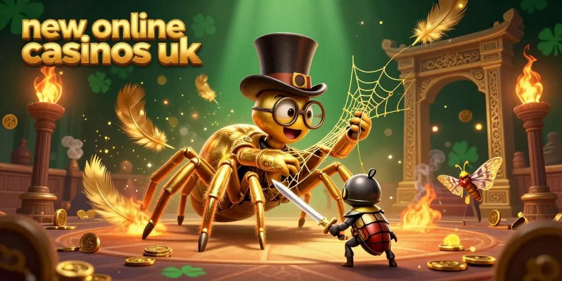 Engage with new online casinos uk featuring a golden tarantula and beetle knight in a vibrant 3D casino setting.