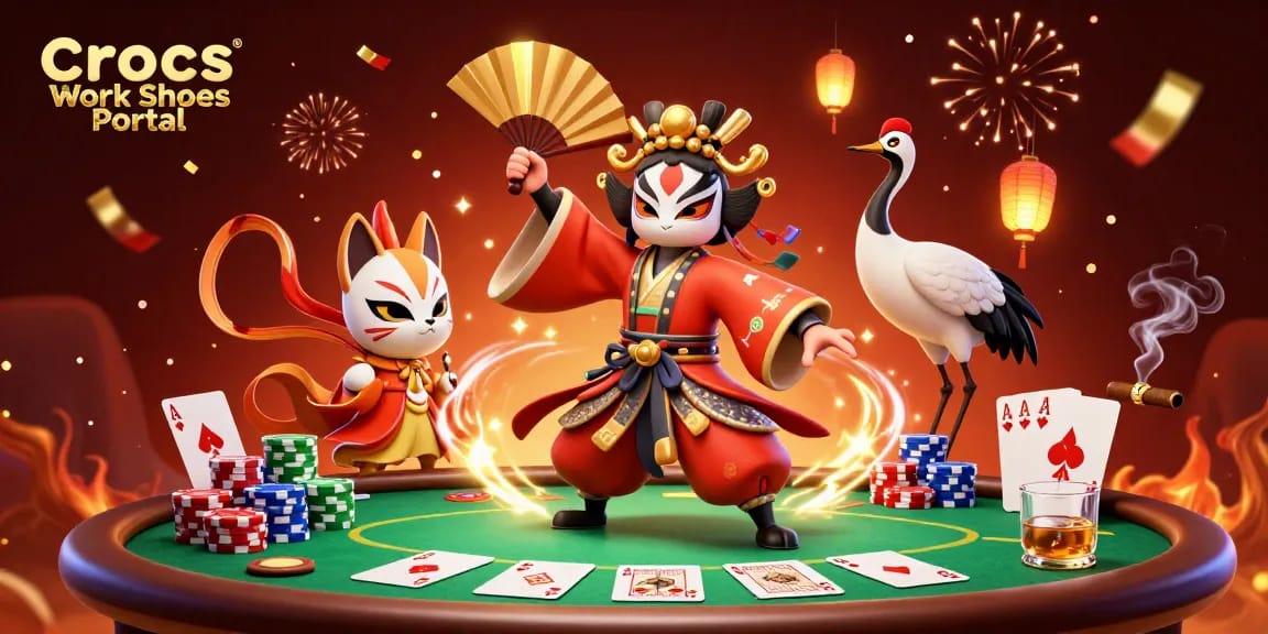 Crocs Work Shoes Portal showcases an energetic poker scene with 3D characters and winning elements.