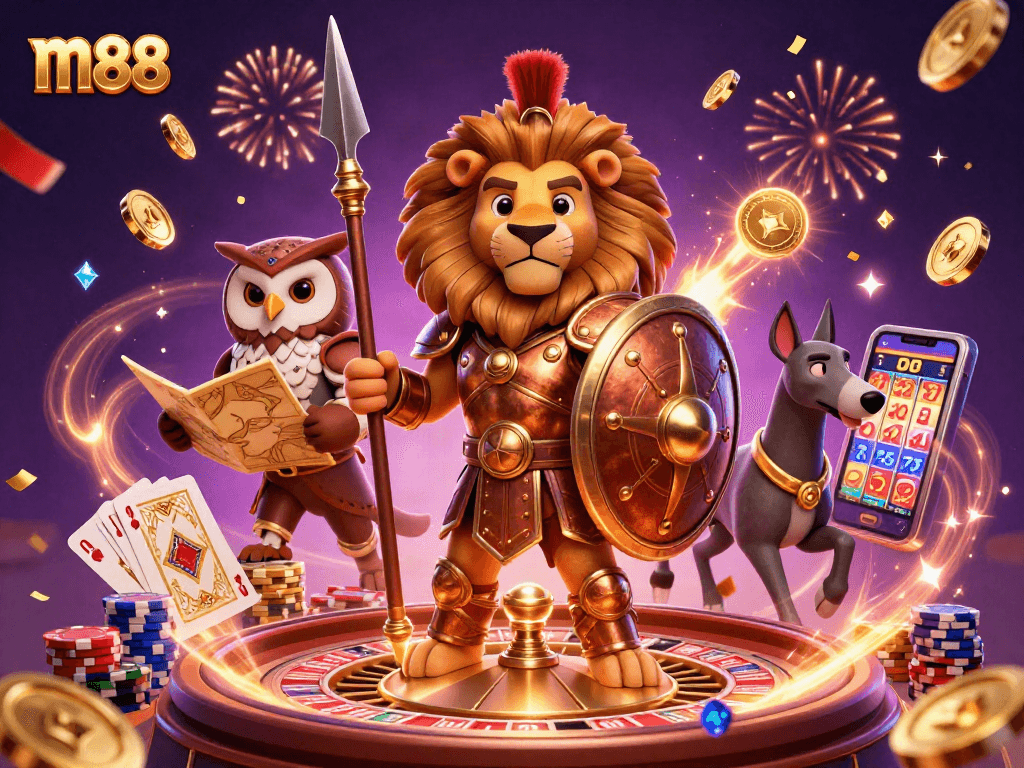 Experience the excitement of m88 with a vibrant 3D casino scene full of action and winning potential.