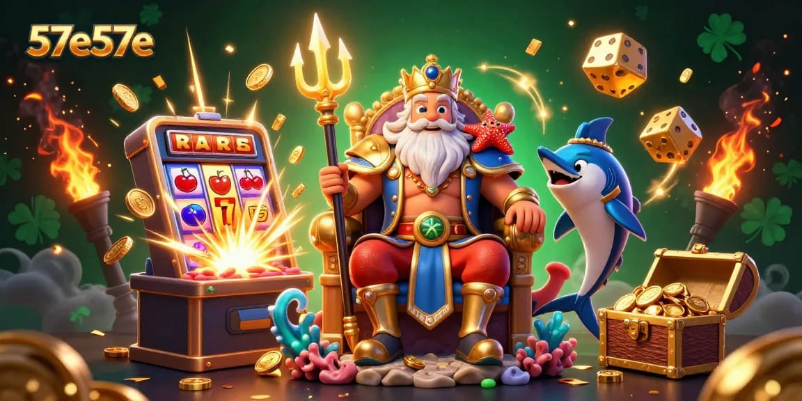 Ilustração densa e vibrante com personagens do cassino, destacando 57e57e e temas de jackpot.