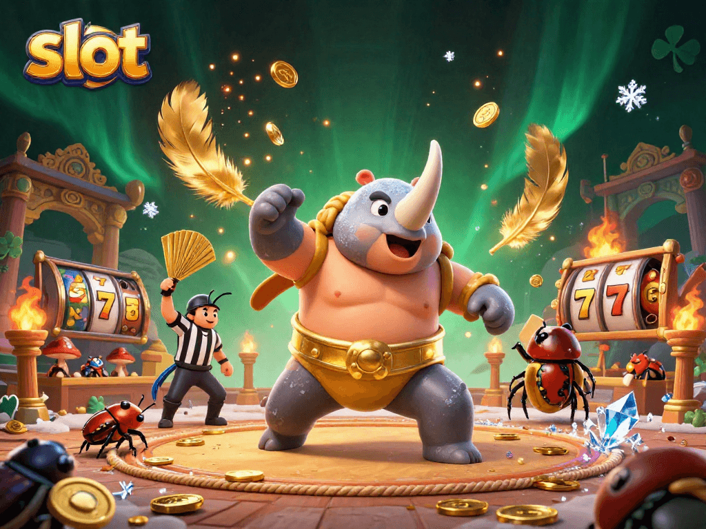 Experience thrilling slot action with a rhinoceros beetle champion amidst flying coins and vibrant casino elements.