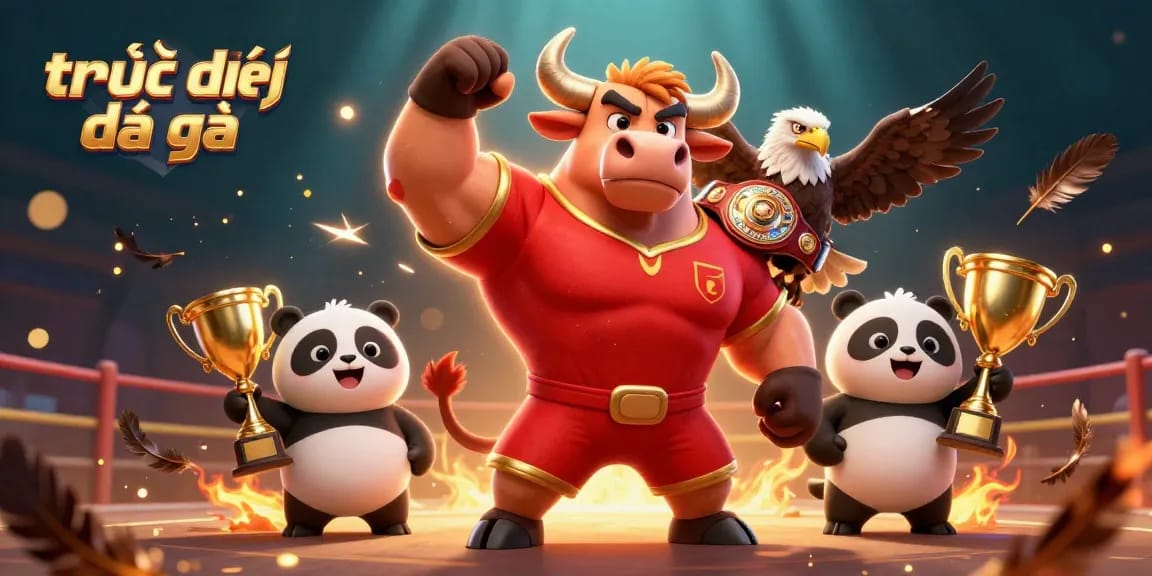 Engage in trực tiếp đá gà with a fierce competitive scene featuring a bull, eagle, and panda celebrating victory.
