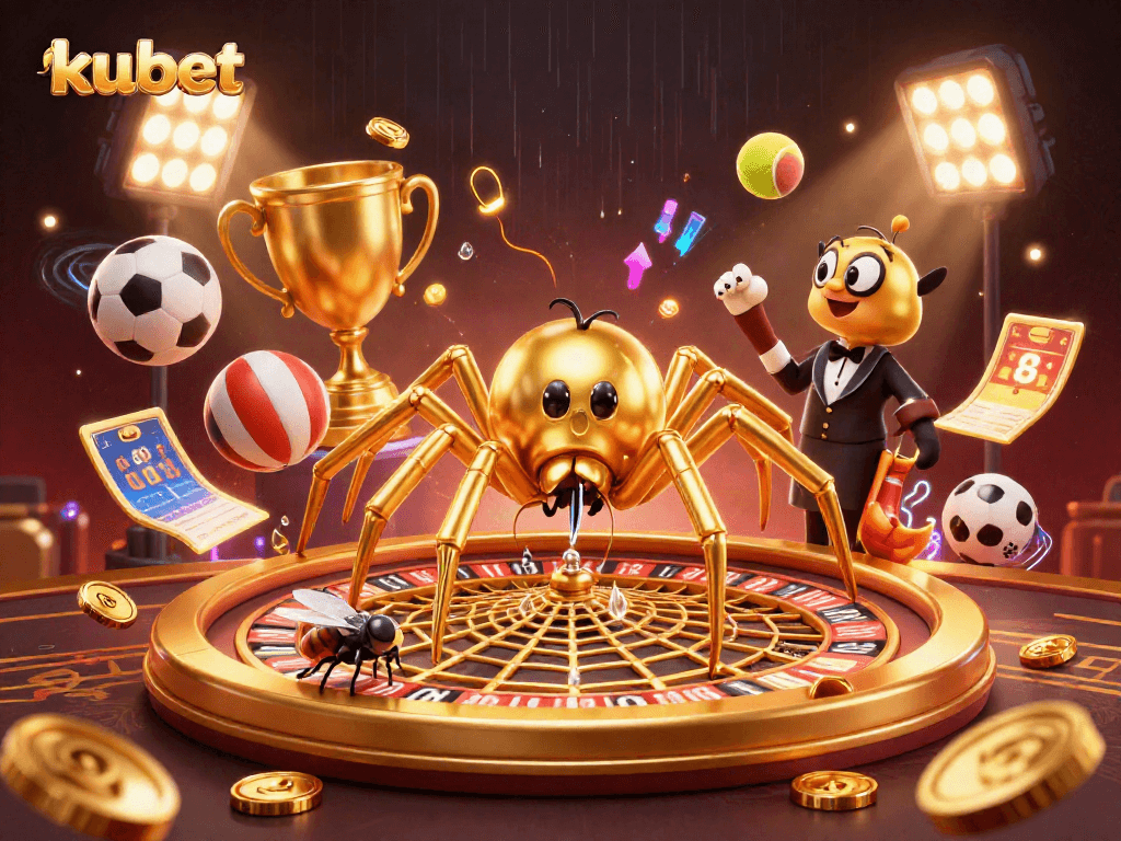 Engage with kubet's dynamic betting scene featuring a roulette wheel, sports elements, and lively characters.