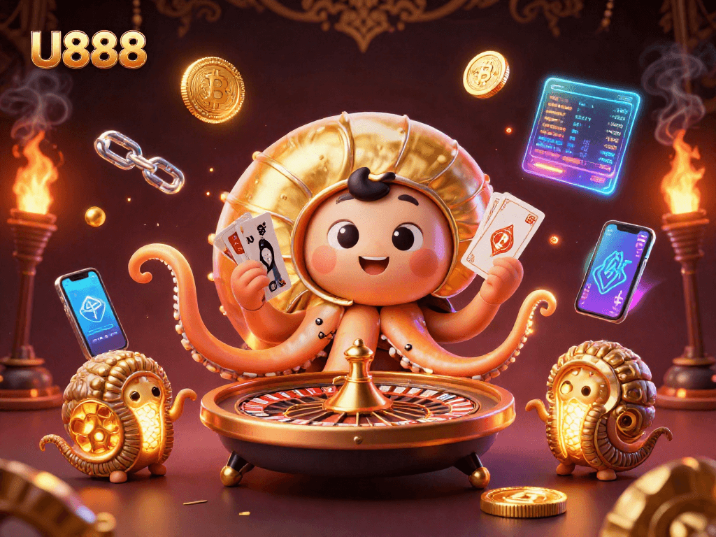 Engage with U888's vibrant 3D casino scene featuring a nautilus roulette wheel and crypto elements.