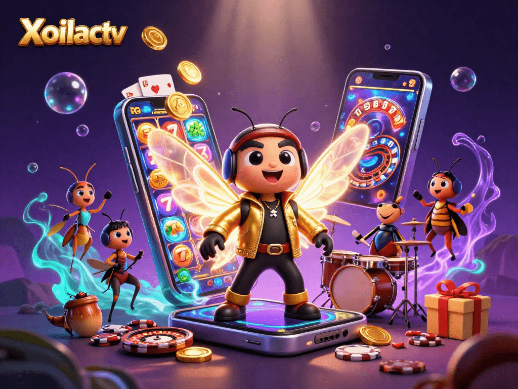 Xoilactv showcases a cicada rock star in a golden jacket amidst vibrant slot game action.