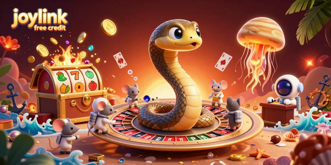 Win big with joylink free credit at a cosmic-themed casino scene filled with vibrant characters.