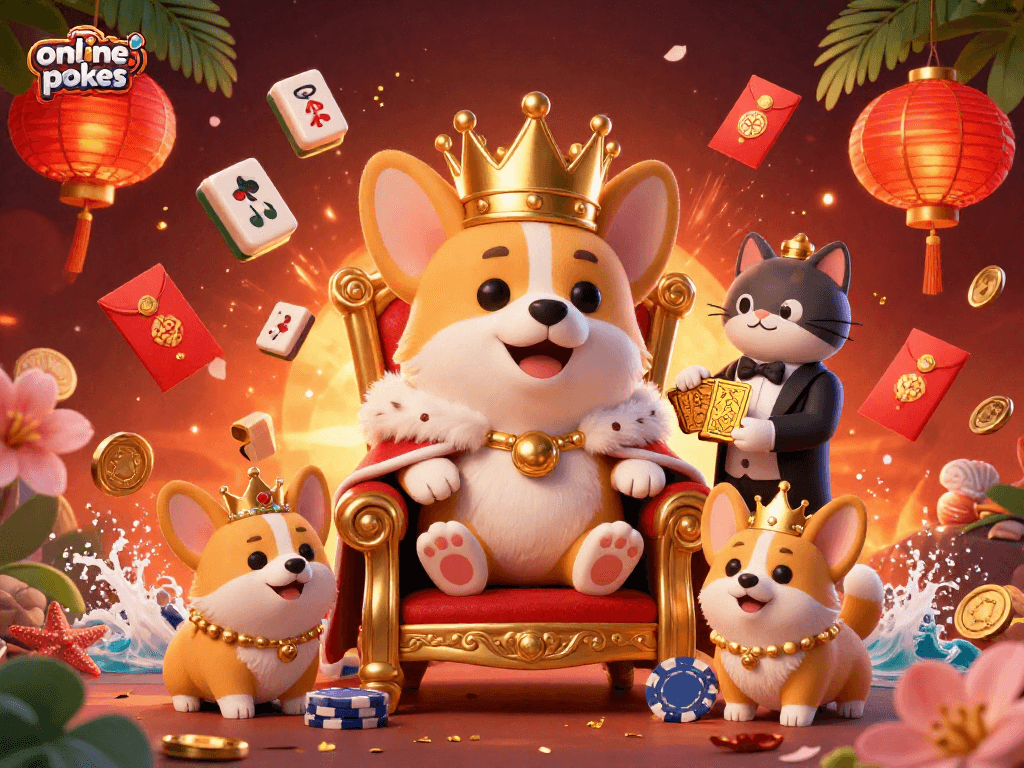 Play exciting online pokies with a royal corgi and cat butler in this vibrant casino scene.