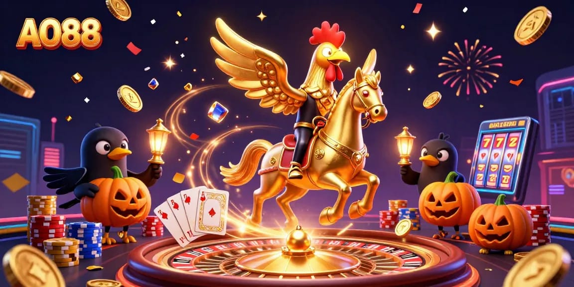 Experience the excitement of AO88 as a golden rooster and spectral horse roam a vibrant casino.