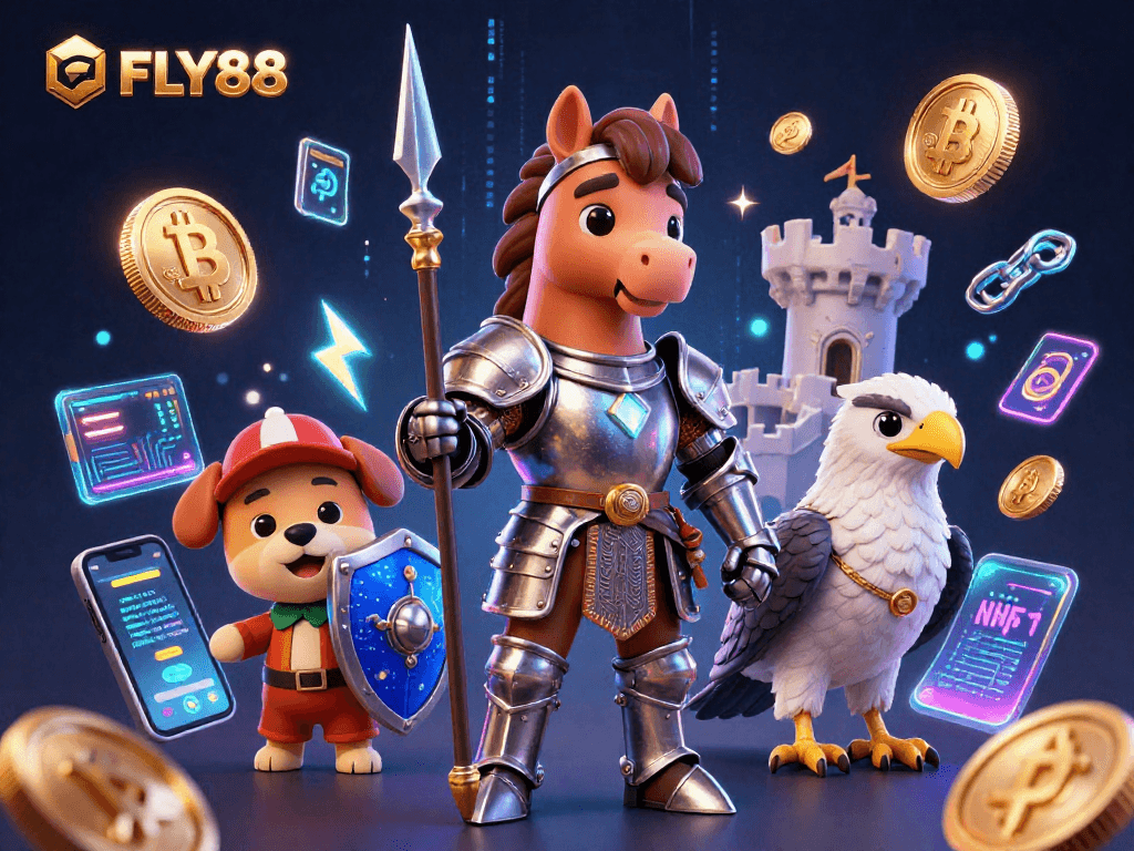 Engage in thrilling gameplay at FLY88 with a vibrant scene filled with dazzling crypto elements.