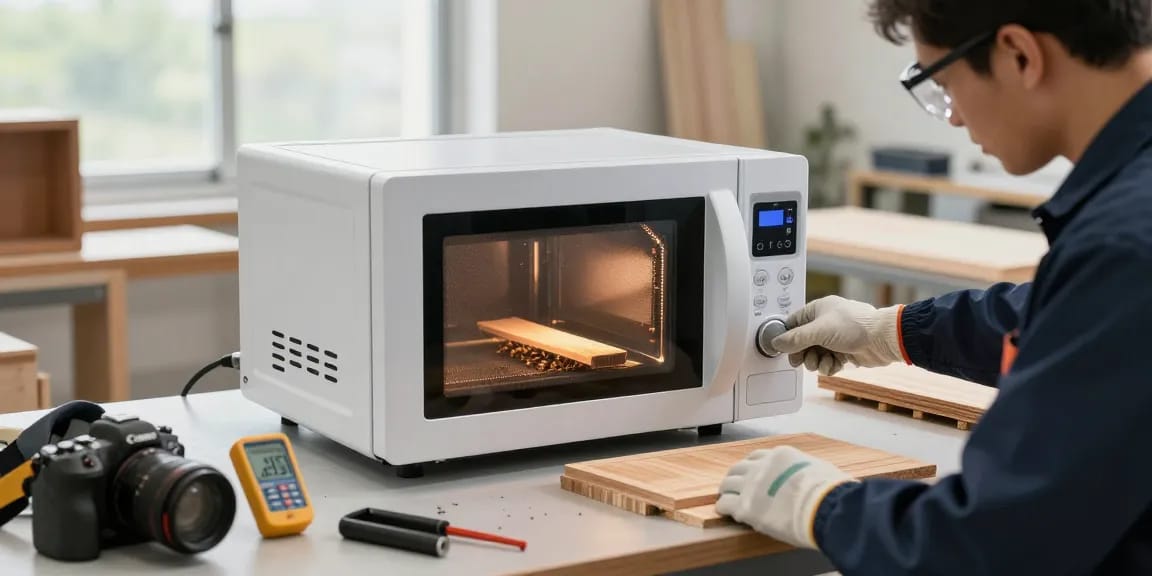 Shashel microwave device effectively eliminating wood-boring insects in a modern workshop.