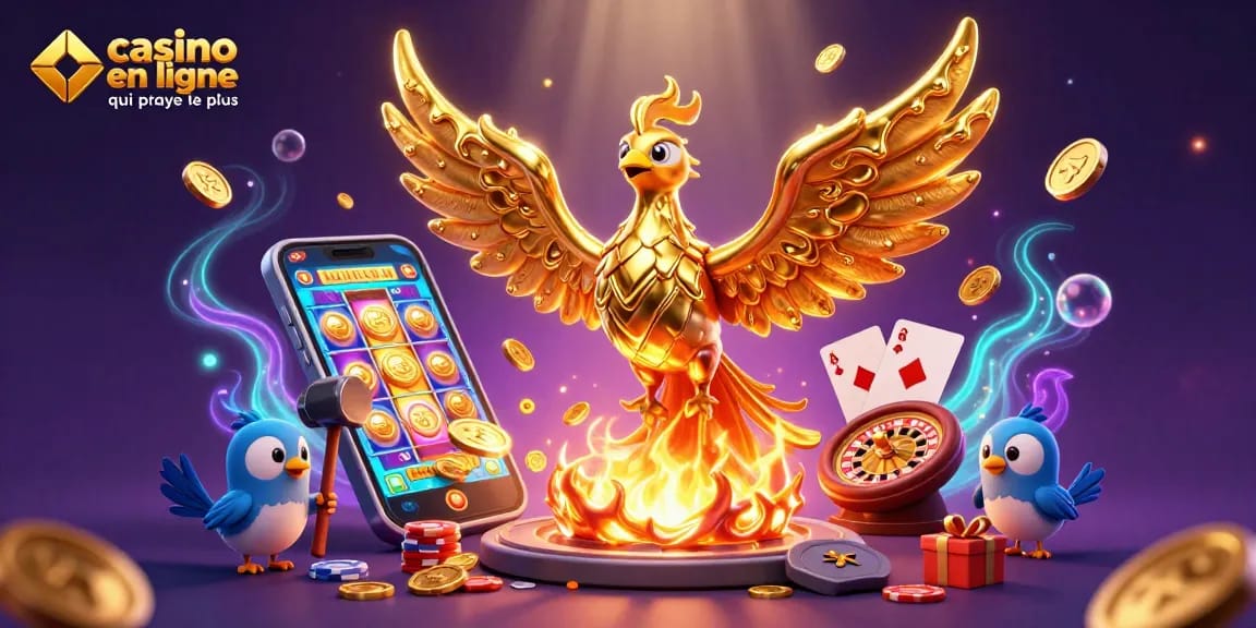 Célébrez les gains avec le casino en ligne qui paye le plus, illustré par un phoenix doré et des jeux animés.