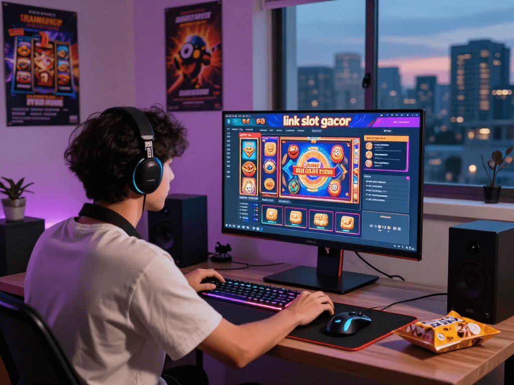 Player engaging in online gambling with 'link slot gacor' displayed on screen in a vibrant gaming setup, showcasing excitement in a modern environment.