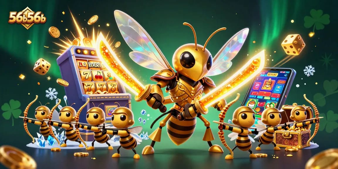 Experience thrilling wins with vibrant 56b56b slot scene featuring a golden hornet and jackpot effects.