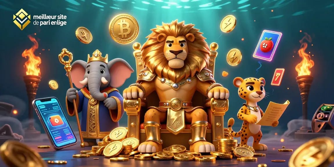 Illustration 3D d'un lion roi sur un trône de pièces d'or représentant le meilleur site de pari en ligne, avec des éléments de casino.