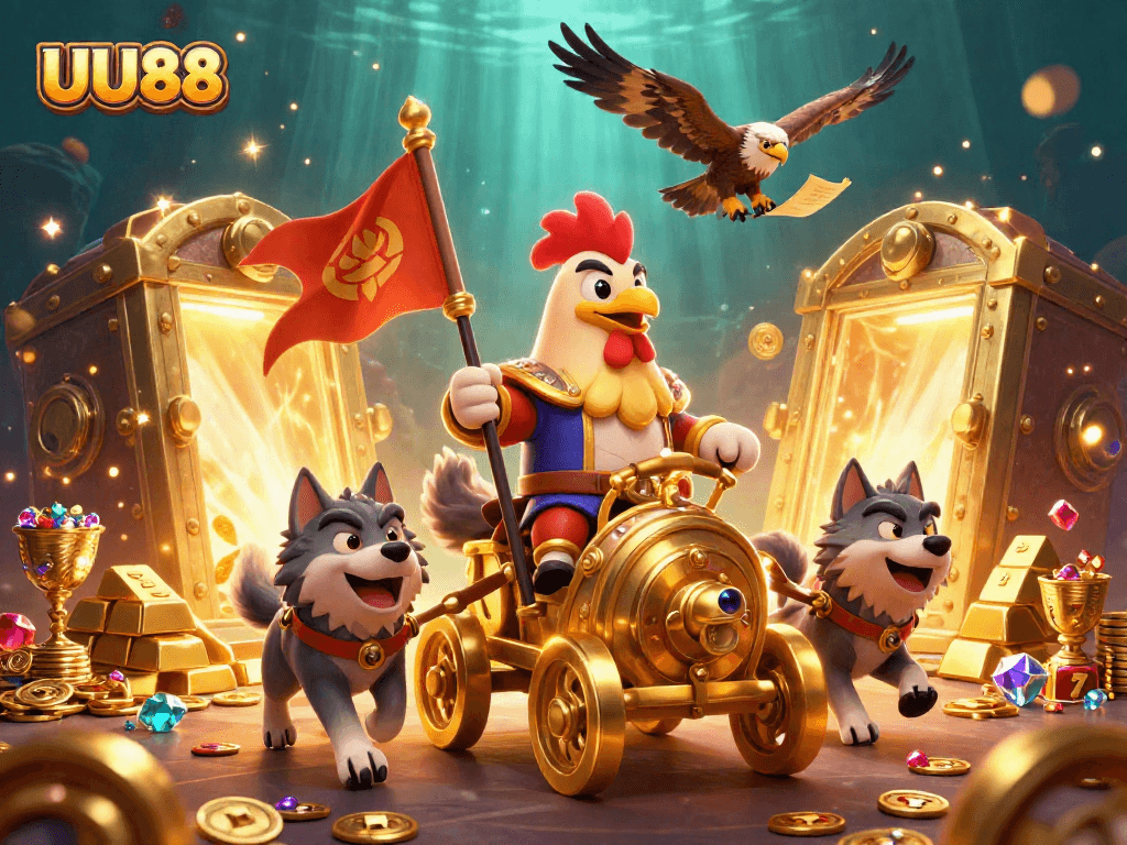 UU88 casino scene featuring a rooster warlord and treasure with dynamic gaming elements.