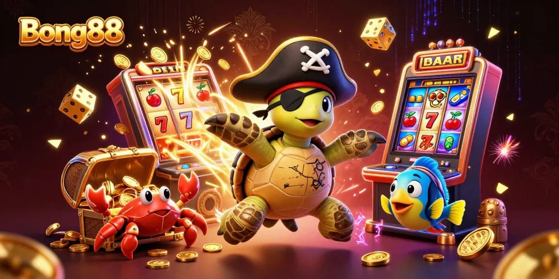 Engage with Bong88's casino adventures featuring dynamic slot machines, treasure, and vibrant colorful elements.