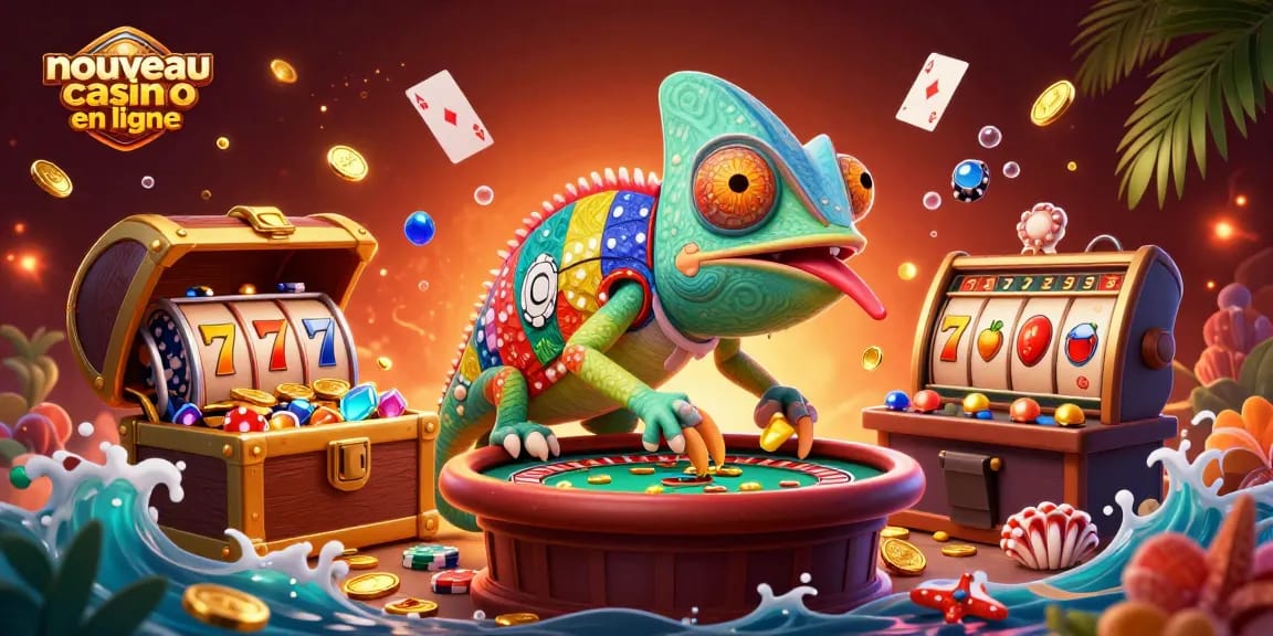 Image dynamique d'un nouveau casino en ligne avec un caméléon propriétaire et des éléments de jeu captivants.