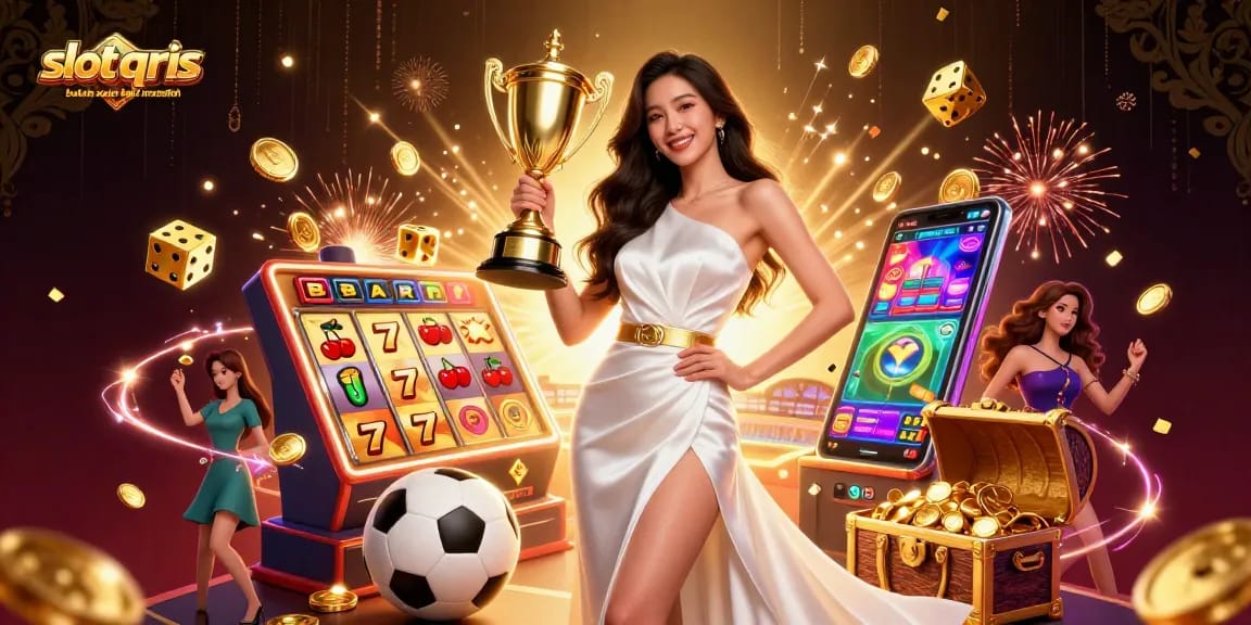 Experience the thrilling world of slot qris bukan solusi tapi masalah with a victorious Asian woman celebrating in an opulent casino setting.