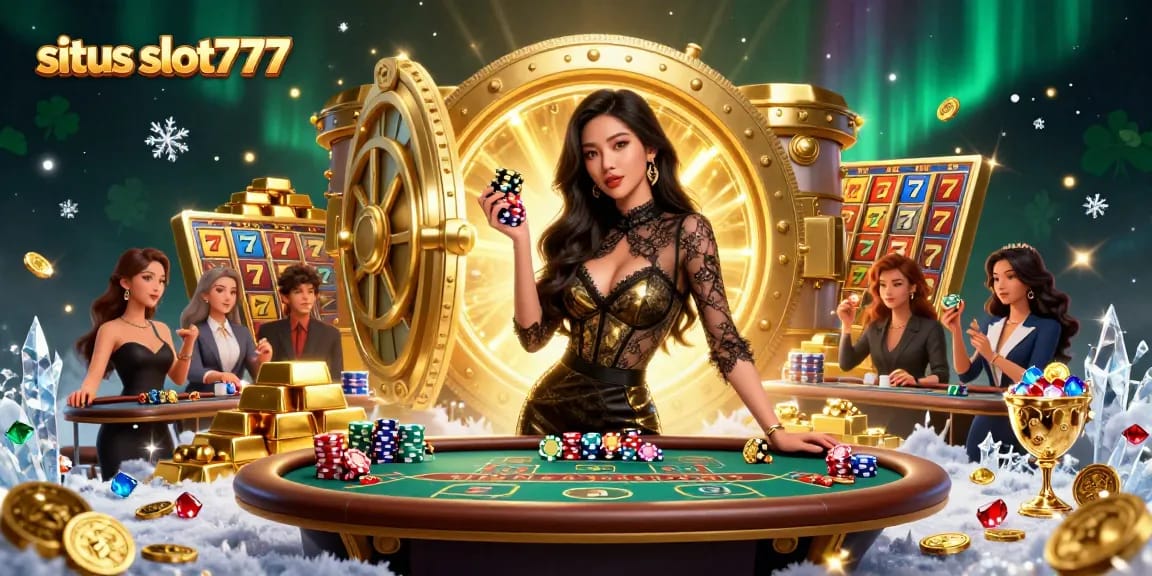 Experience situs slot777 excitement with glamorous Asian woman at VIP baccarat table, gold and jewels abound.