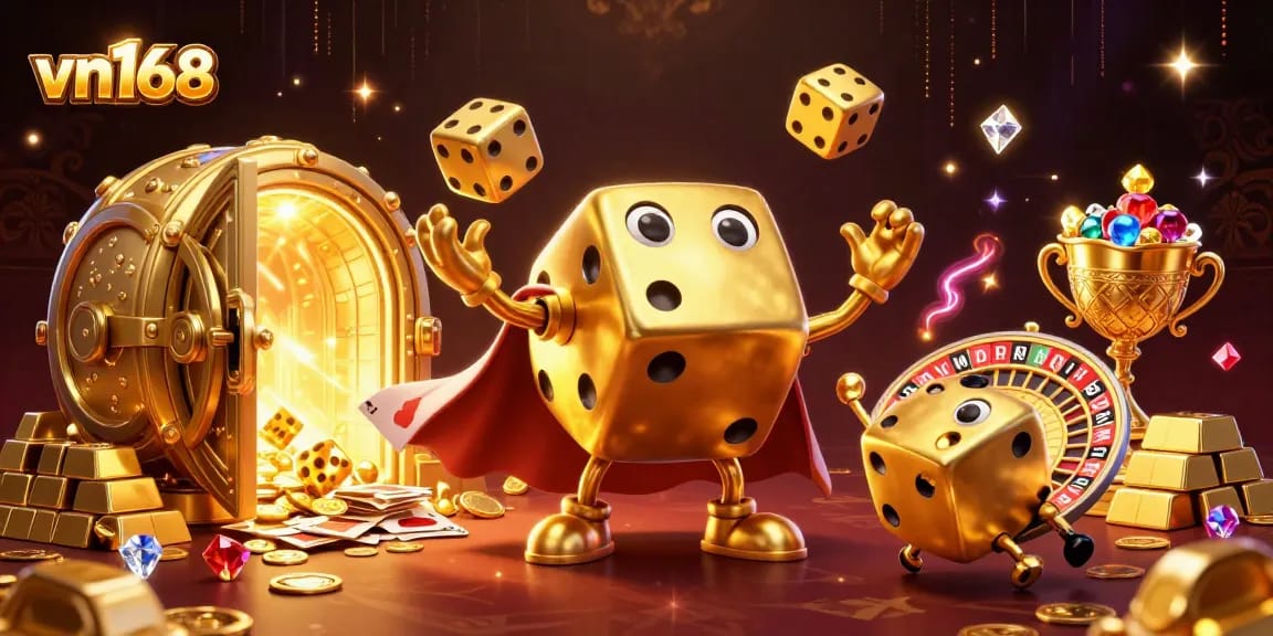 Experience vibrant casino excitement with vn168's lively golden dice golem and festive treasures.