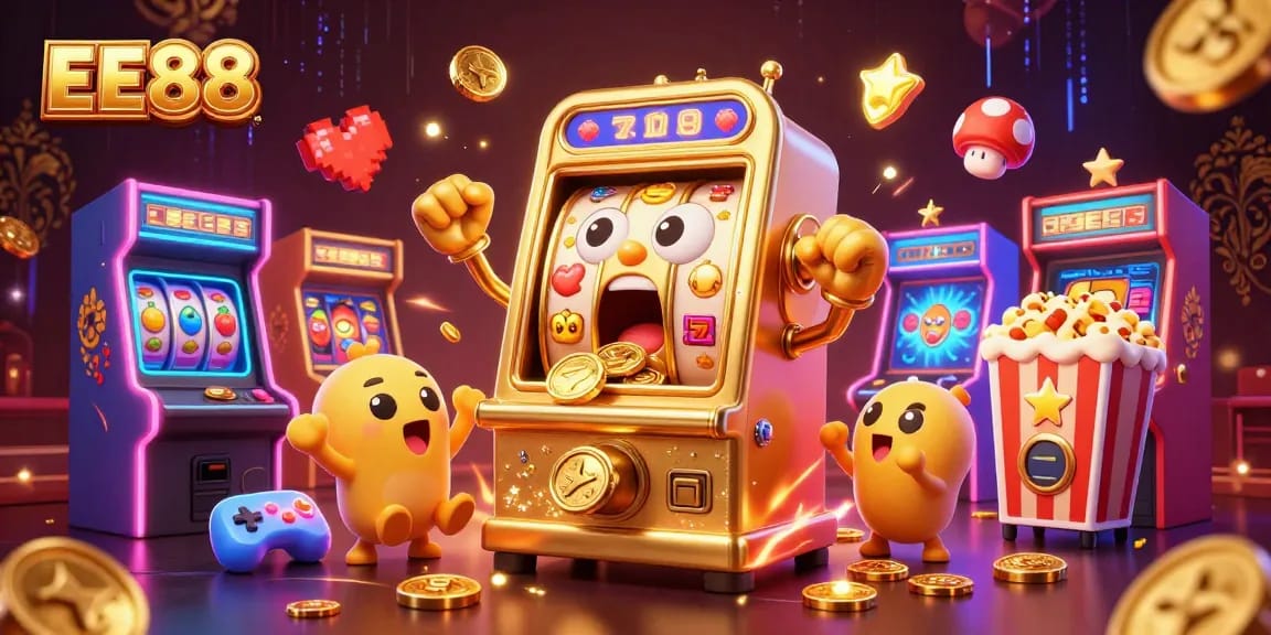 EE88 showcases a winning golden slot machine amidst a vibrant casino scene filled with excitement.