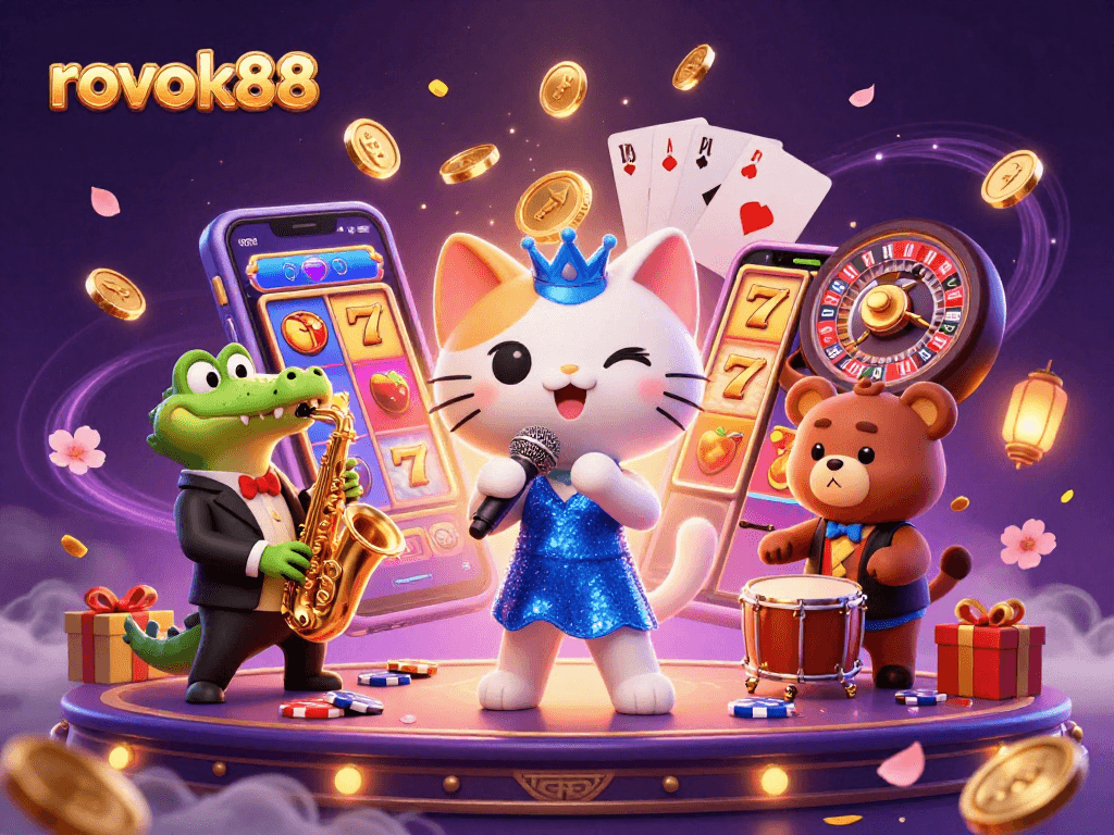 Experience the excitement of gambling with rokok88 featuring a jazzy cat and vibrant gaming elements.