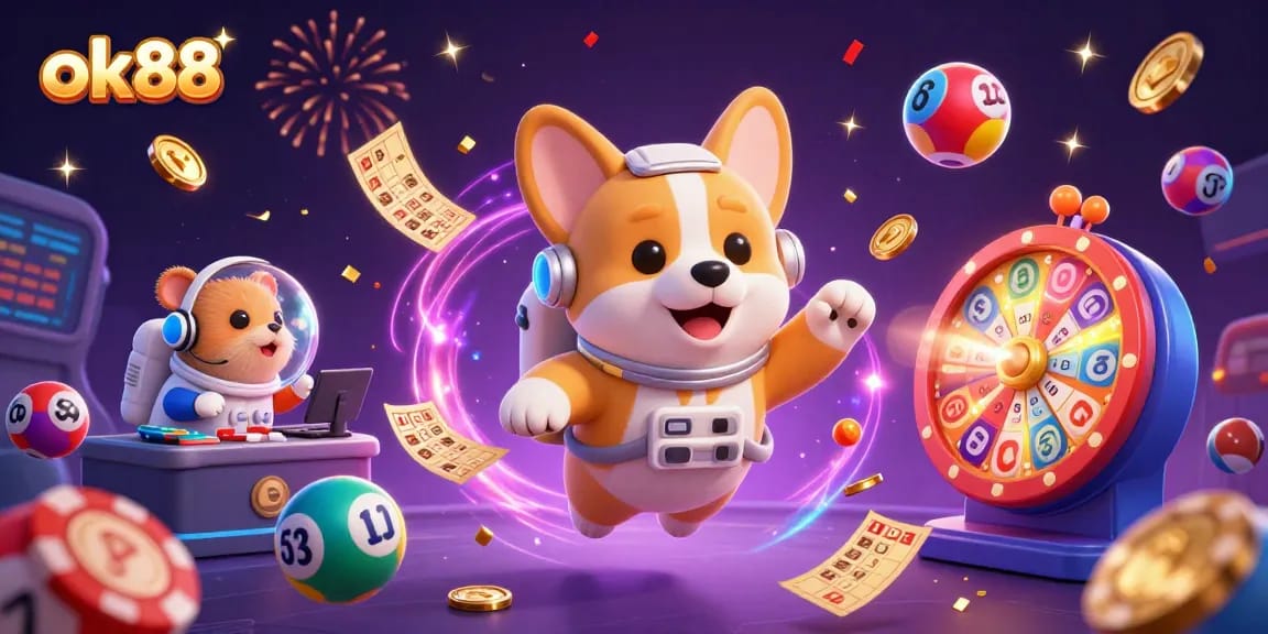 Experience the excitement of ok88 with floating characters in a vibrant casino scene filled with lottery balls, confetti, and dynamic gaming elements.