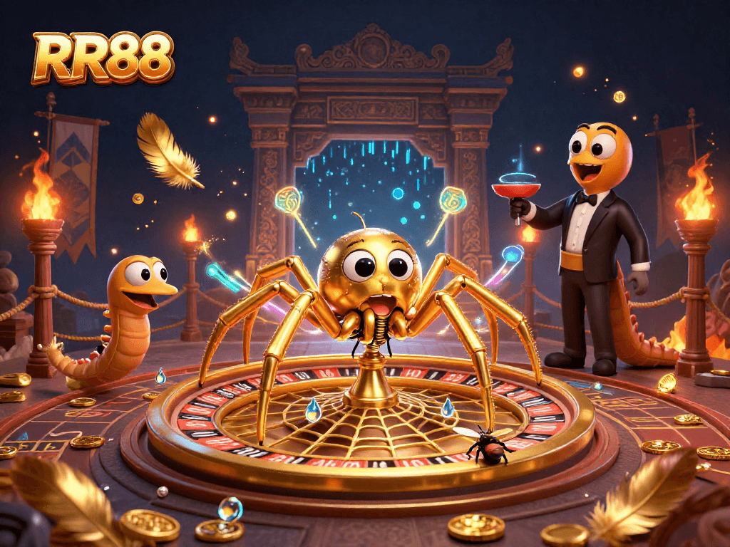 RR88 casino scene featuring a golden spider and centipede croupier in a roulette web