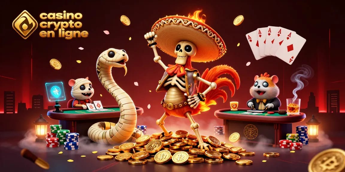 Scène dynamique de casino crypto en ligne avec un rooster mariachi dansant sur des pièces d'or
