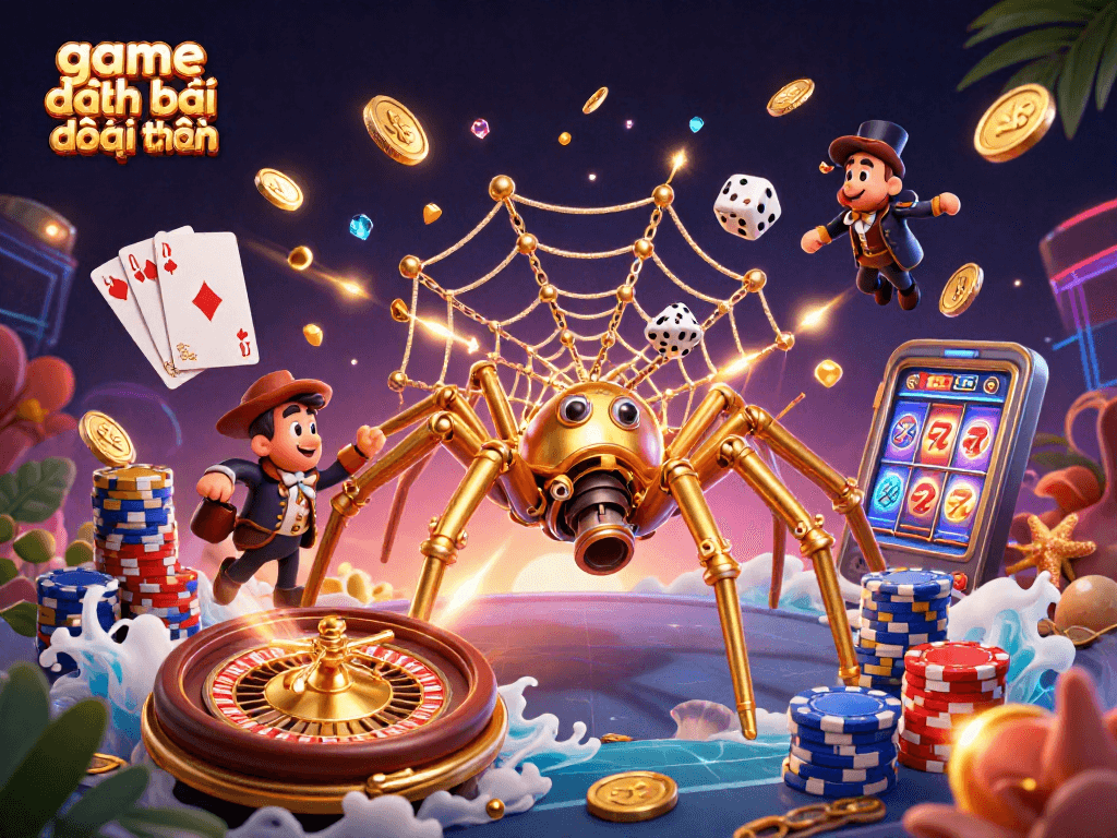 Play game đánh bài đổi thưởng with exciting 3D visuals featuring golden spider and casino elements.