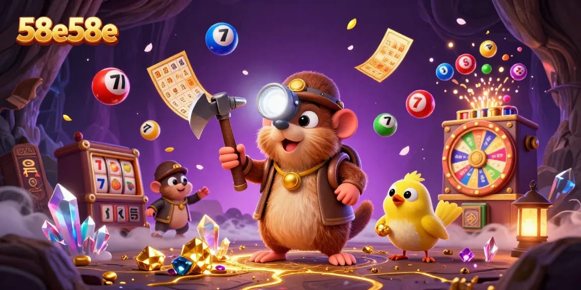 Ilustração 3D de caça-tesouro do 58e58e com bolas de loteria e elementos de jogos dinâmicos.