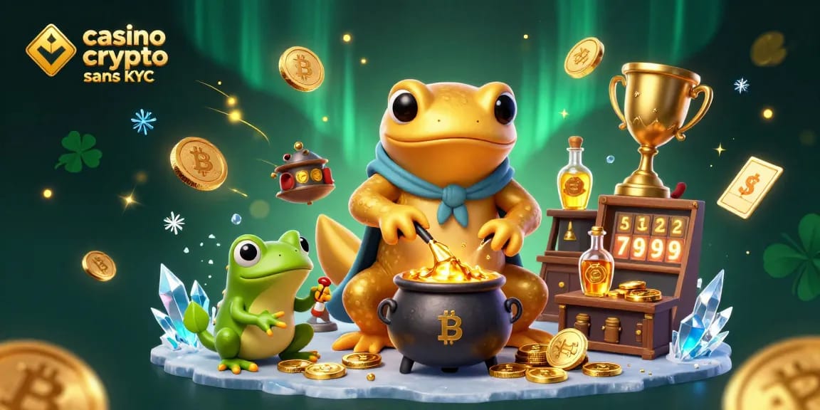 Visualisez le casino crypto sans KYC avec un alchimiste, une grenouille et des pièces d'or dans un décor fascinant.