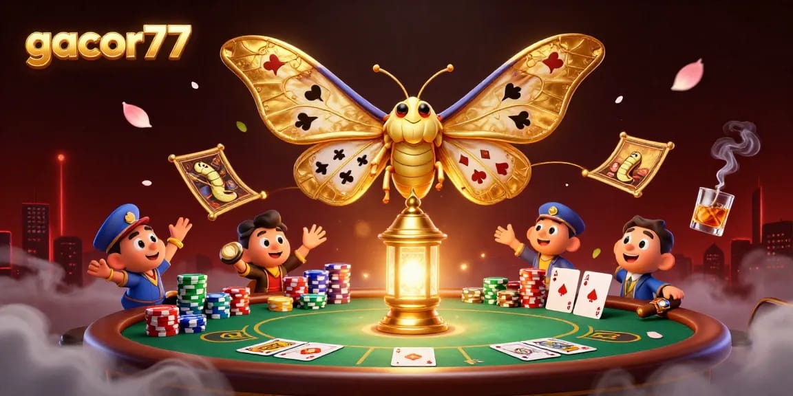 Gacor77 menghadirkan berbagai suasana kasino dengan kupu-kupu 3D dan alat permainan seperti meja poker dan tumpukan chip.