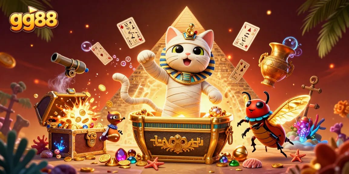 Engage with gg88's vibrant gaming world featuring an Egyptian mummy cat and glowing scarab in a stunning casino scene.
