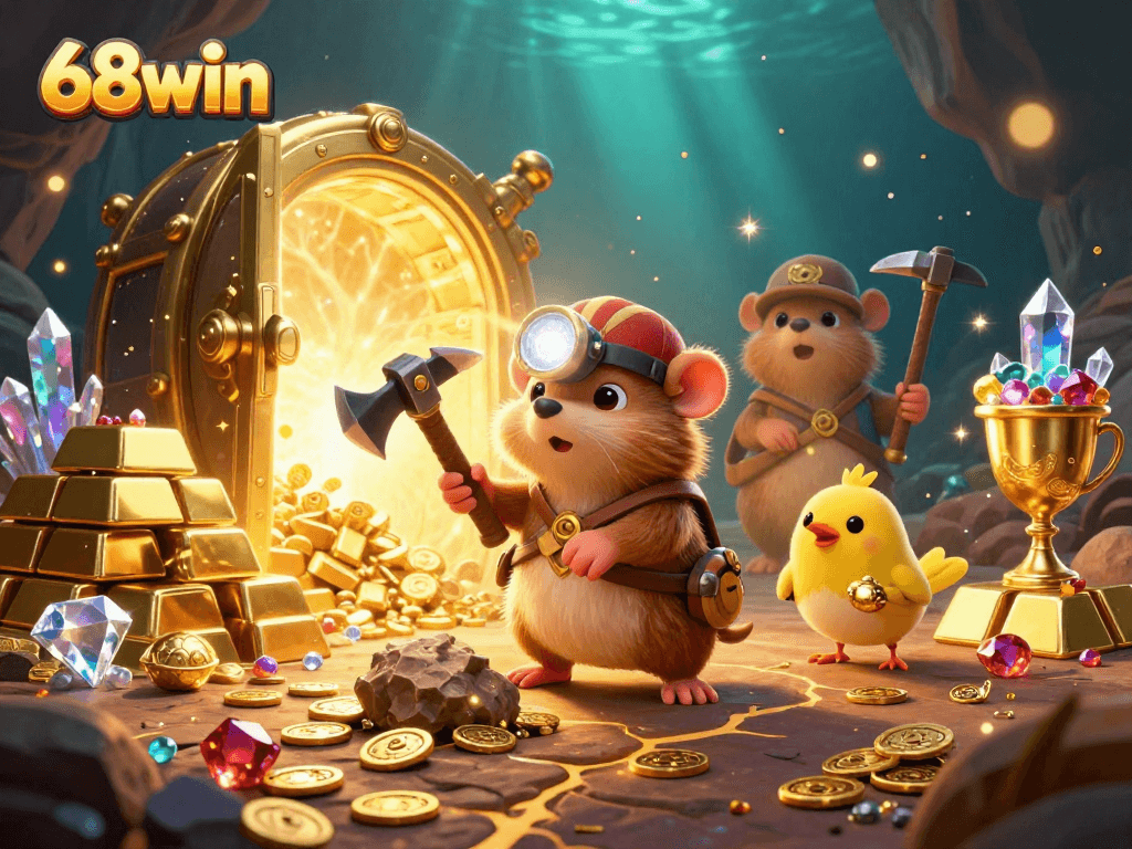 Play 68win with a playful mole treasure hunter and canary companion amidst sparkling gems and gold.