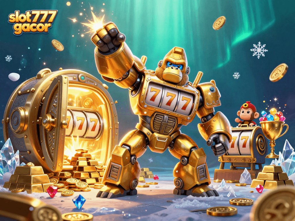 Experience thrilling slot 777 gacor action with vibrant 3D illustrations of golden gorilla mech and jackpots.