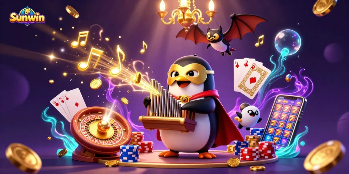 Sunwin animated penguin plays organ in a vibrant casino scene with flying coins and gems.