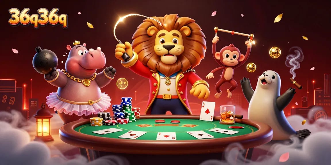 Experience the vibrant casino scene with 36q36q's engaging circus characters and dynamic poker elements.