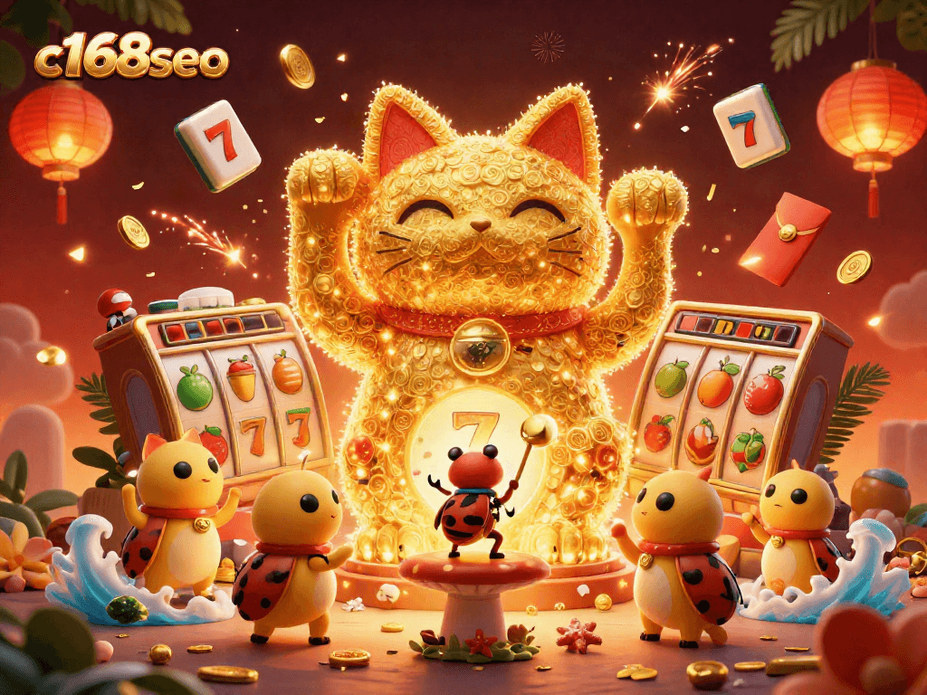 Experience the thrill of c168seo's gaming world featuring a lucky cat and slot symbols.
